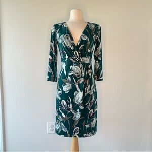 Ann Taylor Teal Floral Long Sleeve Faux Wrap Dress